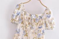 Retro square neckline short sleeved dress for women with drawstring tie on chest, slim fit high waisted floral A-line mini skirt - details 0