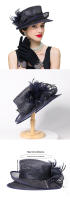 Sombreros de Sinamay azul marino de verano, sombrero Formal plano para iglesia para mujer, gorros de novia para boda con plumas, tocados de lujo - details 4