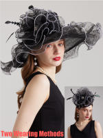 Sombreros Derby elegantes de Organza para mujer, gorro de ala ancha para novia, boda, flor grande, iglesia, sombrilla, 2024 - details 1