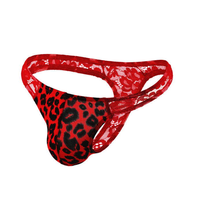 Tangas para hombre, ropa interior Sexy de encaje de leopardo, Tanga con bolsa abultada, bragas de Bikini, calzoncillos de retales con espalda en T