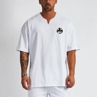 Summer High Quality Cotton Solid Color V-neck T Shirt Gym Bodybuilding Fitness Casual Classic Men's Sport Oversized Clothing - details 5