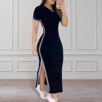 Vestido elegante de verano para mujer, vestido largo ajustado a rayas con cuello redondo y abertura lateral, Color sólido, manga corta - details 2