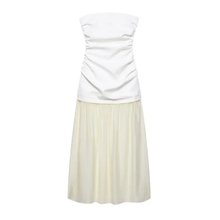 TRAFZA, vestido largo de estilo de vacaciones de verano para mujer, vestido blanco Beige sin tirantes con cremallera lateral, vestidos Midi de empalme a la moda para mujer - 1