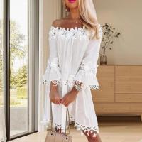 Vestido de Verano 2023 con Aplicación de Flor Hueca Hombros Descubiertos, Manga de Trompeta, Vestido Midi para Mujeres - details 3