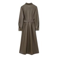 New Women Autumn Winter Faux Leather Shirt Dress Long Sleeve Lapel Collar With Belt A-line Midi Dresses High Street Vestidos - details 1