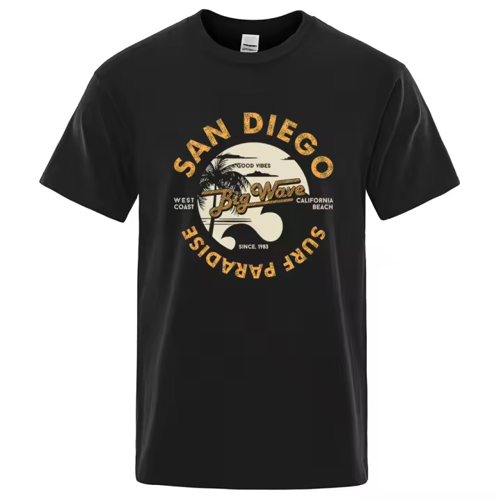 Camiseta de algodón suelta para hombre, ropa transpirable de gran tamaño, informal, San Diego, Surf, Paraíso, costa oeste de California, Verano - 1