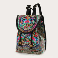 Mochila de lona con diseño bordado hecho a mano Retro para mujer, bolso de hombro de viaje, mochila étnica de gran capacidad - details 2