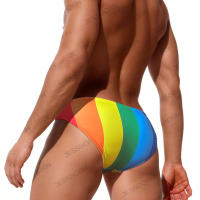 Jessborn calzoncillos de baño para hombre, traje de baño sexy con rayas gruesas de arcoíris, pantalones cortos de cintura baja para surfear en la playa, primavera caliente - details 2