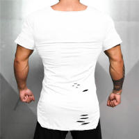 Summer Casual Cotton Breathable Slim T shirt Gym Fitness T-shirt New Fashion Hip Hop Short Sleeves Square Collar Hole Clothing - details 9