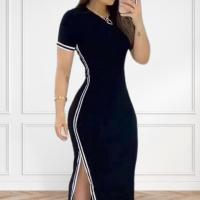 Vestido elegante de verano para mujer, vestido largo ajustado a rayas con cuello redondo y abertura lateral, Color sólido, manga corta - details 7