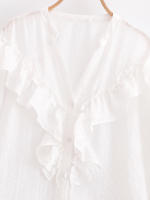 Nuevo 2025 mujeres Sexy Semi-transparente camisa con volantes blancos botón frontal manga larga cuello en V blusa de primavera Casual Streetwear Tops - details 1