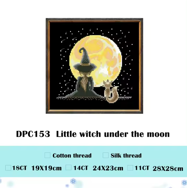 Kit de punto de cruz de bruja pequeña bajo la luna, diseño de hilo de algodón, 14ct 11ct, lienzo negro, bordado, costura artesanal - 1