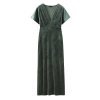 Autumn Women Mid-Green Velvet Midi Dress Short Sleeve V Neck Fitted Waist  Slim A-line Dresses Female Casual  Vestidos - details 0