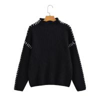 Women Casual Half High Collar Long Sleeve Knitted Pullovers Autumn Winter Patchwork Sweaters Black Loose Jumper - details 0