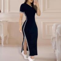 Vestido elegante de verano para mujer, vestido largo ajustado a rayas con cuello redondo y abertura lateral, Color sólido, manga corta - details 3