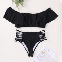 Conjunto de Bikini con hombros descubiertos, sujetador Bandeau con ribete con volantes, bañadores calados de cintura alta, traje de baño con realce, 2 unidades por juego - details 13