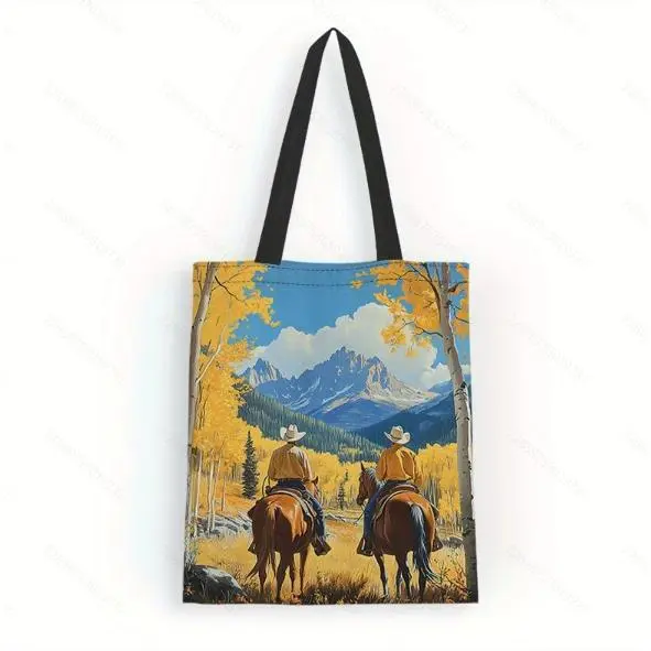 1 bolso de mano de lona con diseño de caballo occidental y bosque, bolso de hombro multiusos para mujer, perfecto para ir de compras, viajar y actividades al aire libre - 1