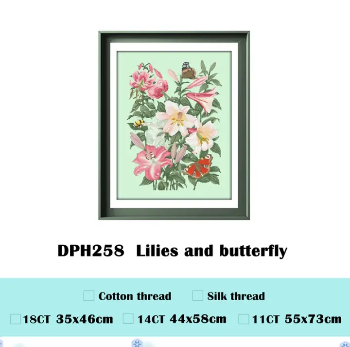 Kits de punto de cruz de lirios y mariposas, diseño de patrón de flores 18ct 14ct 11ct, lienzo verde claro, bordado, costura artesanal - 1