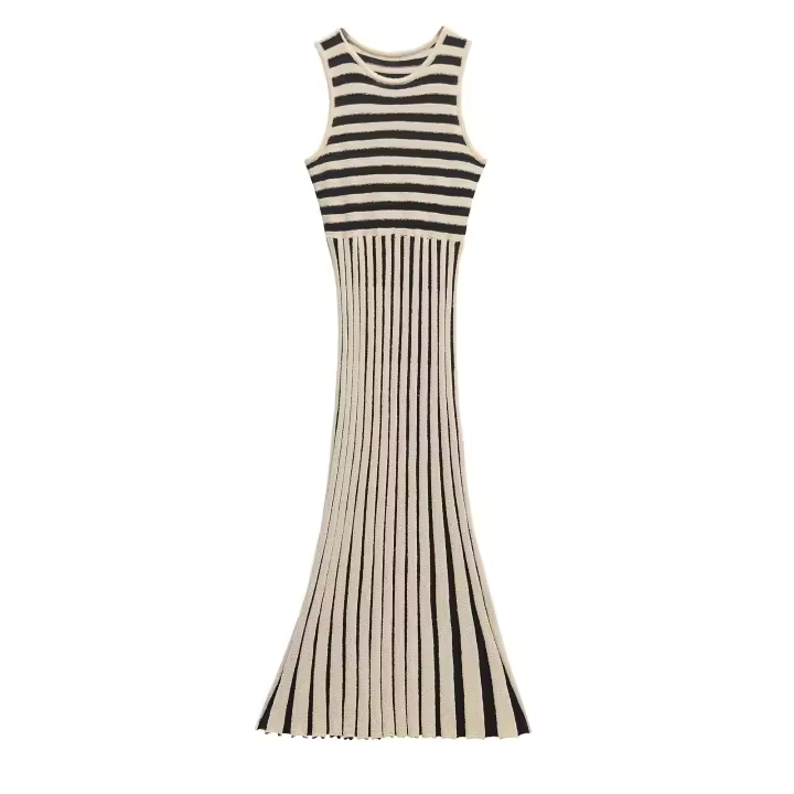 Vestidos de punto a rayas sin mangas con cuello redondo para mujer Primavera Verano 2025 vestido informal ajustado por debajo de la rodilla para mujer - 1