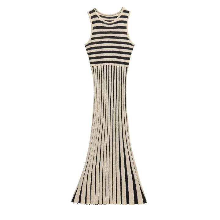Vestidos de punto a rayas sin mangas con cuello redondo para mujer Primavera Verano 2025 vestido informal ajustado por debajo de la rodilla para mujer - 1