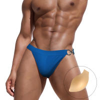 Jessborn pantalones cortos de natación de media cadera para hombre, bañador sexy de un solo lado con botón de metal, color sólido, Playa - details 0