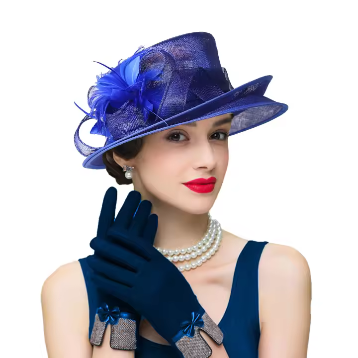 Sombreros de Sinamay azul marino de verano, sombrero Formal plano para iglesia para mujer, gorros de novia para boda con plumas, tocados de lujo - 1