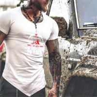 Summer Cotton Breathable Short Sleeve T-Shirt Compression Gym Fitness Bodybuilding Shirt Tees Men Irregular Hem Print Clothing - details 8