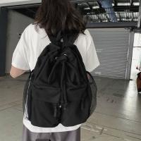 Mochila escolar de gran capacidad con cordón para estudiantes, bolso de lona informal para computadora portátil para mujer, paquete de viaje simple de Color sólido - details 6