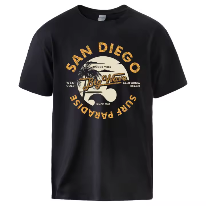Camiseta de algodón para hombre, prenda de vestir, transpirable, suave, fresca, Estilo Vintage, de la costa oeste de California, San Diego Surf - 1
