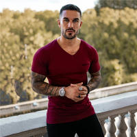 New Men Slim V-neck Print Short Sleeve T-shirt Outdoor Fitness Casual Hip Hop Fashion Summer Cotton T Shirt Workout Muscle Tops - details 12