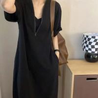 Vestidos con capucha informales negros de gran tamaño con textura a la moda de verano para mujer, ropa de calle, Vestido de playa de manga corta con media cremallera - details 3