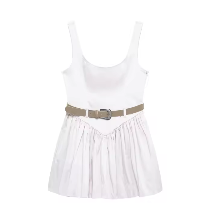 TRAFZA 2025 verano mujer cuello cuadrado cinturón decorar sin mangas cremallera Sling vestidos mujeres High Street plisado Mini vestido - 1