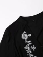 Vintage Women Front Button With Belt Floral Embroidery Short Dress Long Sleeve V Neck Autumn Casual Dress Black - details 3