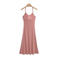 V-neck halter neck bust pad suspender dress feminine outer wear slim stretch bottoming long skirt - details 0
