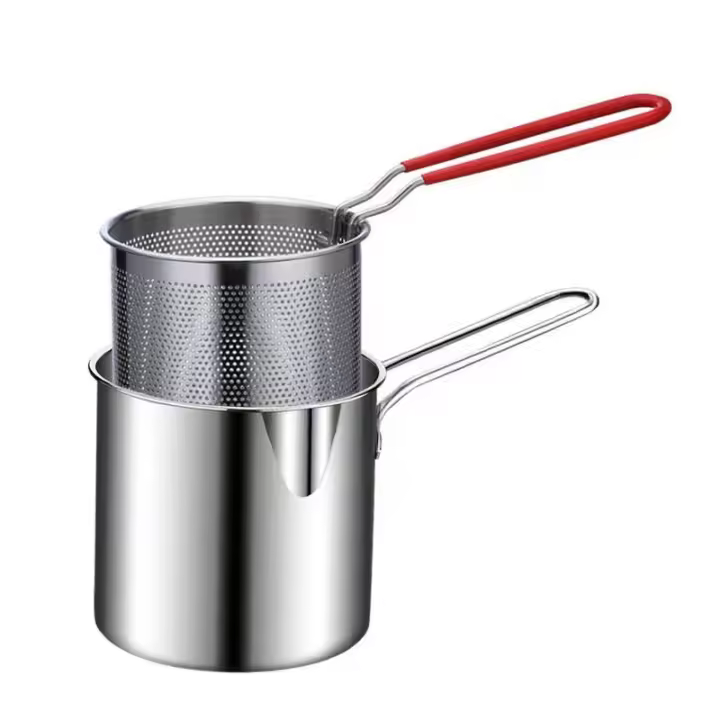 Olla de freír de acero inoxidable, sartenes para freír pollo frito, freidora de patatas fritas Tempura con colador, herramienta de cocina - 1