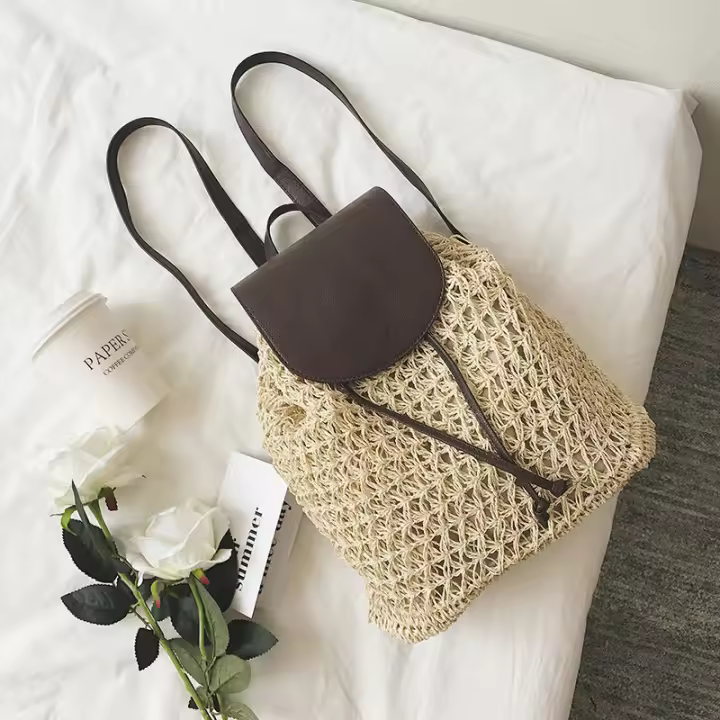 Mochila con cordón para mujer, bolso de paja a la moda, bolso de hombro de viaje de gran capacidad, para playa y verano - 1