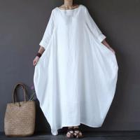 Vestido Maxi de Algodón y Lino Vintage Casual Cuello Redondo Manga Corta - details 5