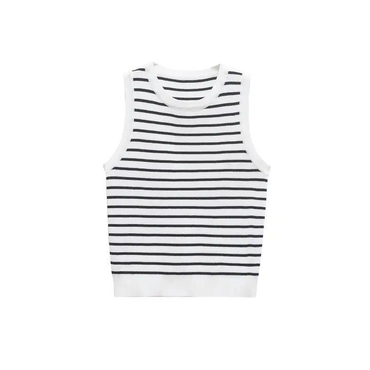 2025 Top sin mangas de punto a rayas con cuello redondo para mujer, Top corto informal de verano, ropa de mujer - 1