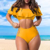 Conjunto de Bikini con hombros descubiertos, sujetador Bandeau con ribete con volantes, bañadores calados de cintura alta, traje de baño con realce, 2 unidades por juego - details 3