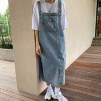 Vestido midi para estudiantes, elegante vestido con tirantes de mezclilla y correas ajustables, bolsillos laterales, dobladillo dividido, elegante, sin cuello para estudiantes - details 5