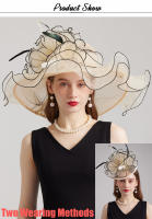 Sombreros Derby elegantes de Organza para mujer, gorro de ala ancha para novia, boda, flor grande, iglesia, sombrilla, 2024 - details 0