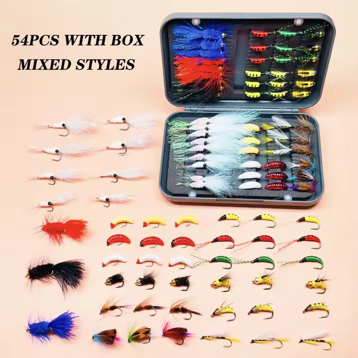 54 piezas/kit de anzuelos de pesca con mosca, surtido de señuelos con mosca, incluye moscas secas y húmedas, ninfas para trucha, salmón, Steelhead, pesca con mosca con caja - 1