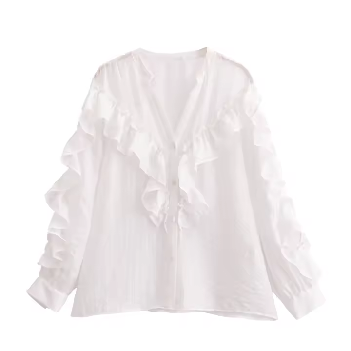 Nuevo 2025 mujeres Sexy Semi-transparente camisa con volantes blancos botón frontal manga larga cuello en V blusa de primavera Casual Streetwear Tops - 1