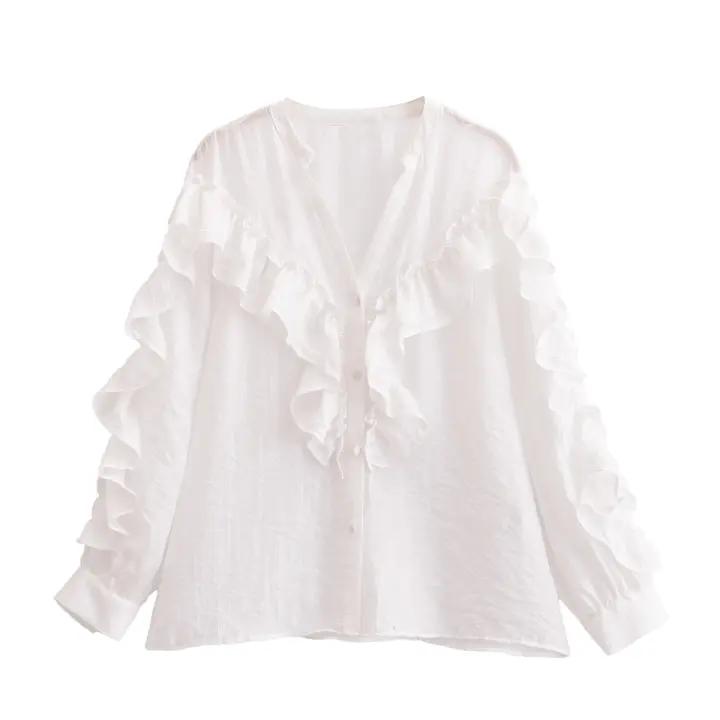 Nuevo 2025 mujeres Sexy Semi-transparente camisa con volantes blancos botón frontal manga larga cuello en V blusa de primavera Casual Streetwear Tops - 1