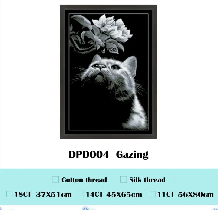 Gazing-kit de punto de cruz, tela negra de algodón, Bordado de hilo, costura hecha a mano, gato, flor, animal, 18CT, 14ct, 11CT - 1