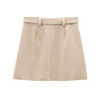 Elegant Women With Belt Faux Suede Mini Skirt Female Office Wear High Waist A-line Skirts faldas mujer - details 12