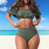 Conjunto de Bikini con hombros descubiertos, sujetador Bandeau con ribete con volantes, bañadores calados de cintura alta, traje de baño con realce, 2 unidades por juego - details 2