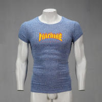 Summer Casual Fashion Knitted Top Gym Bodybuilding Short Sleeve T-shirt Men Fitness Slim Striped Solid Print Breathable T-shirt - details 4