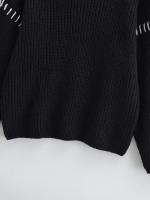 Women Casual Half High Collar Long Sleeve Knitted Pullovers Autumn Winter Patchwork Sweaters Black Loose Jumper - details 2