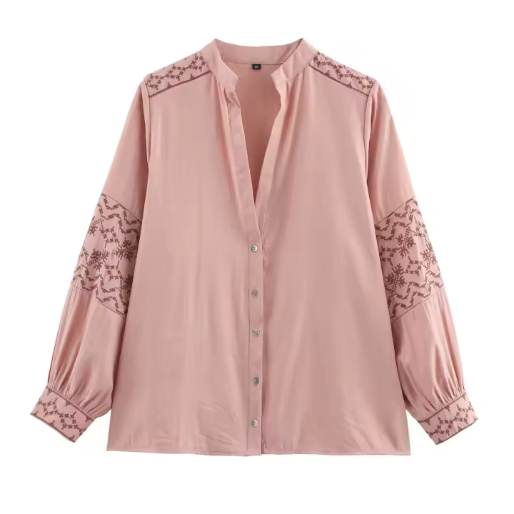 2025 mujeres botón frontal cuello en V manga larga bordado camisa Casual primavera blusa ropa de calle Blusas Mujer - 1